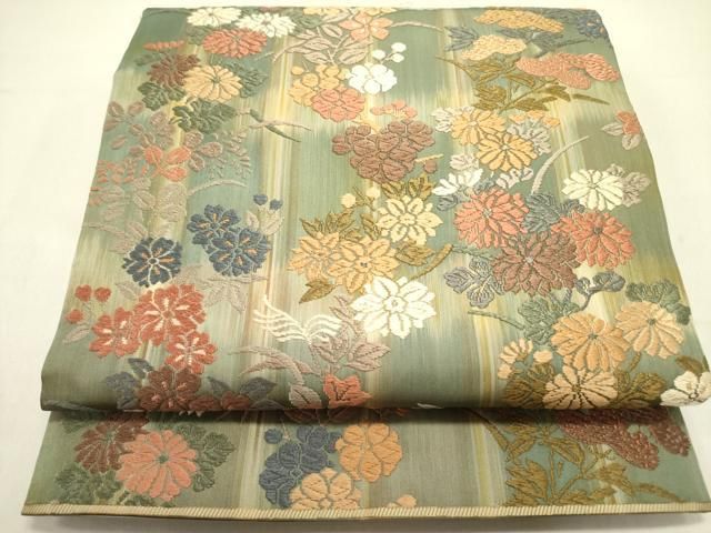 平和屋着物 六通柄袋帯 唐織 草花 正絹 op