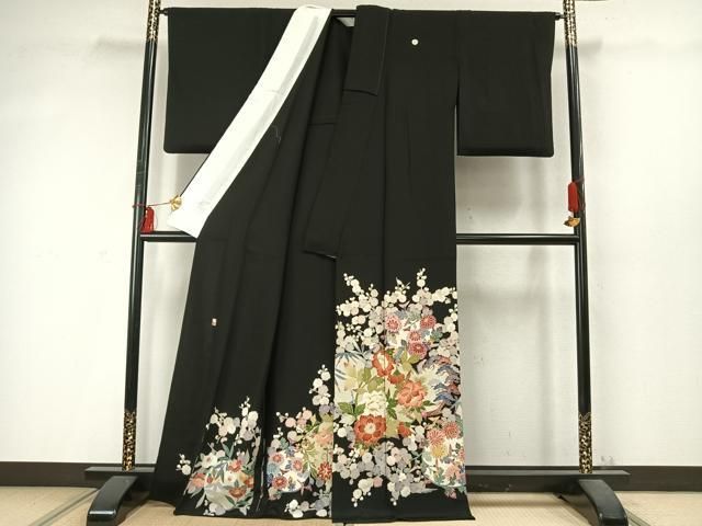 平和屋着物 本加賀友禅作家 西川健一 黒留袖 単衣 草花文 正絹 fy