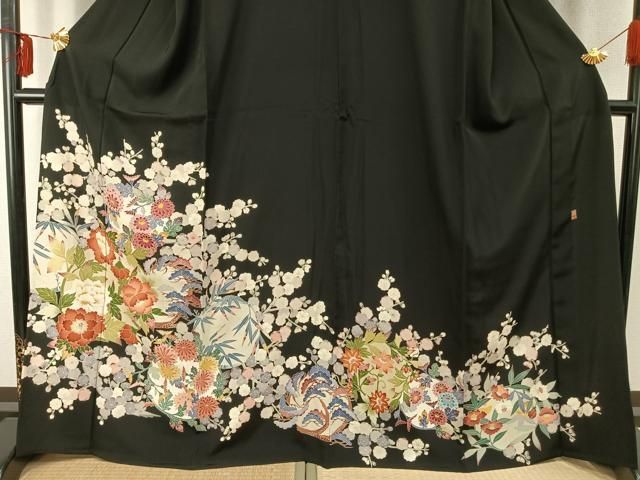  平和屋着物 本加賀友禅作家 西川健一 黒留袖 単衣 草花文 正絹 fy 黒留袖 着物