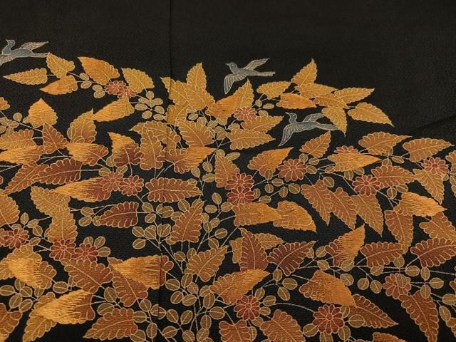  平和屋着物 豪華黒留袖 刺繍 花鳥文 鬼しぼ縮緬 正絹 ph 黒留袖 着物