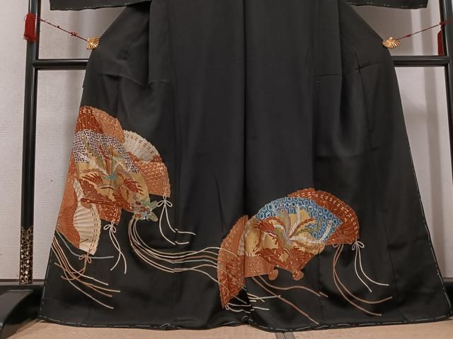  平和屋着物 豪華黒留袖 駒刺繍 鳳凰檜扇文 金彩 浜ちりめん 仮絵羽 正絹 ph 黒留袖 着物