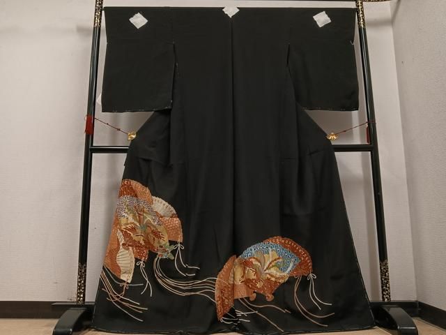 平和屋着物 豪華黒留袖 駒刺繍 鳳凰檜扇文 金彩 浜ちりめん 仮絵羽 正絹 ph