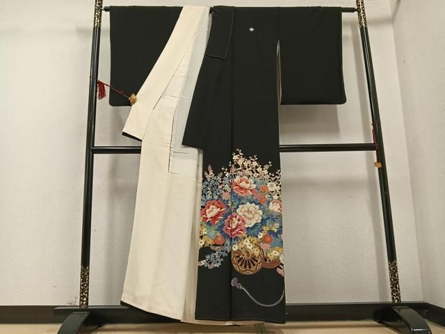 平和屋着物 本加賀友禅作家 奥原一就 黒留袖 花車文 正絹 ph