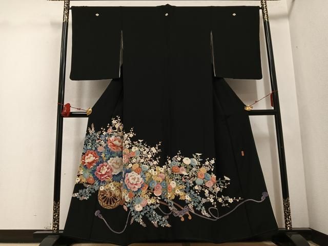 平和屋着物 本加賀友禅作家 奥原一就 黒留袖 花車文 正絹 ph