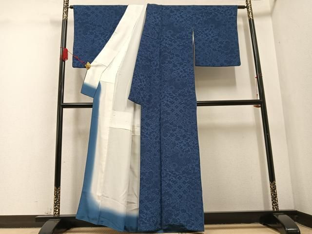 平和屋着物▽上質な小紋 単衣 本藍 型絵染 草花文