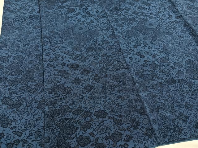 平和屋着物○訪問着 藍 型染め 道長草花文 鬼しぼ縮緬 正絹