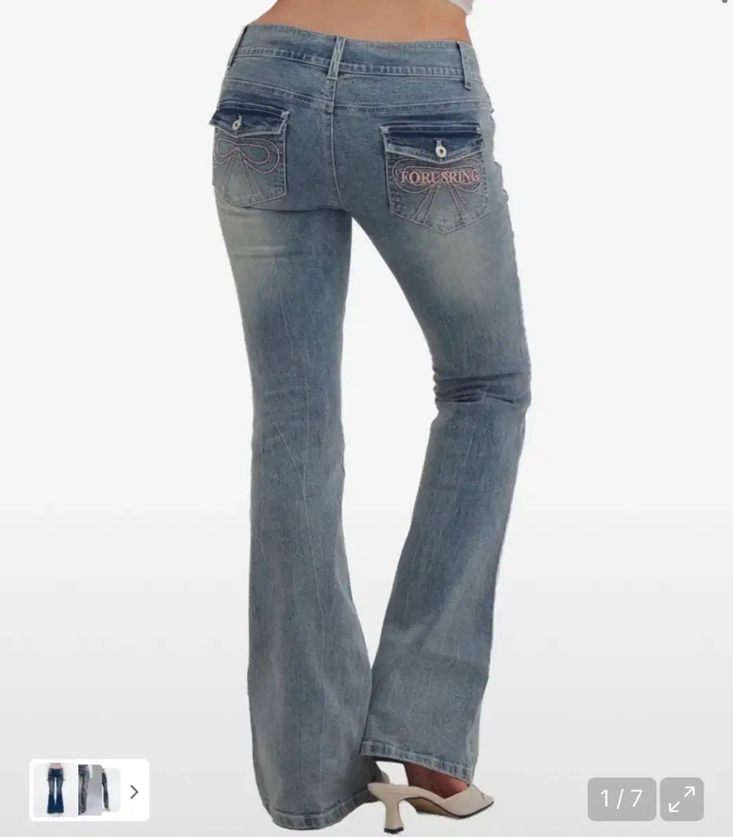 ポアリング リボン スティッチ ブーツカット デニム ズボン ライトブルー