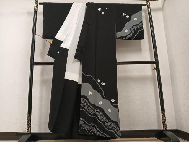 平和屋着物 訪問着 絞り 舞花文 黒地 正絹 ph