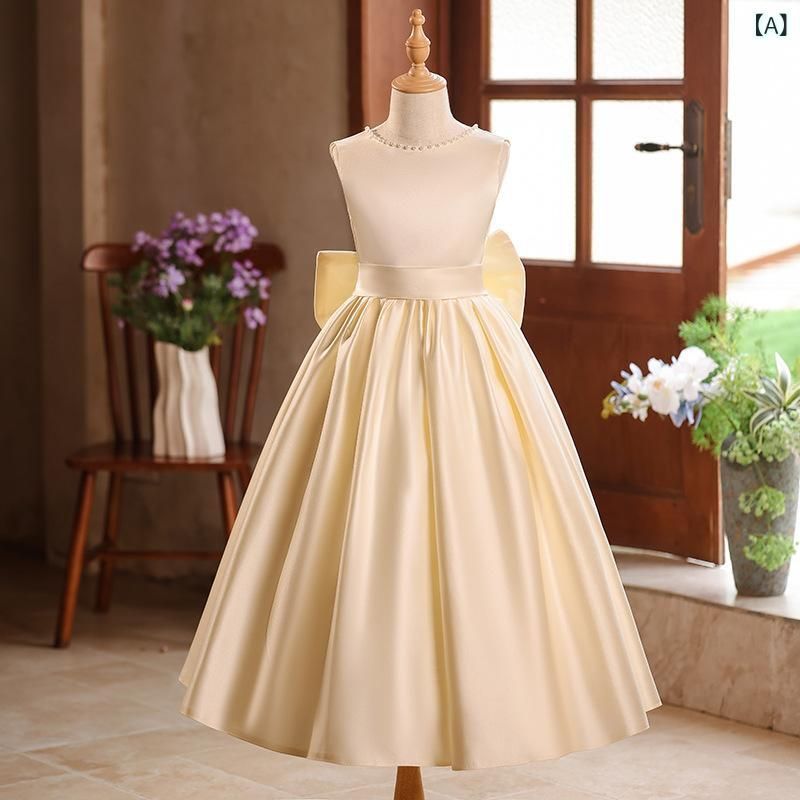 子供用ドレス 女の子 プリンセス ピアノ 発表会 パフスリーブ シャンパン フォーマル パーティー イベント 結婚式 演奏会 舞台衣装