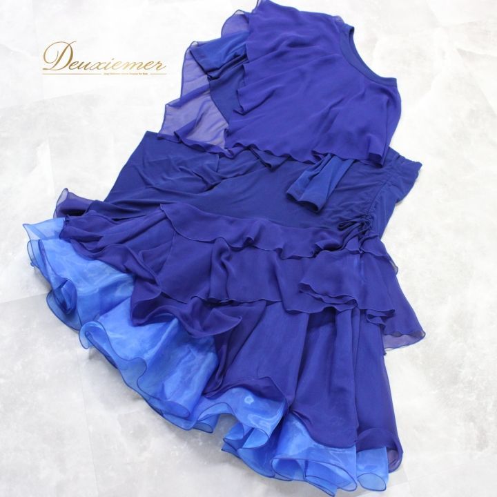 【社交ダンス衣装】ブルー create-sun 上下セット ツーピース セット 社交ダンス 衣装 スタンダード 上下セット ツーピース パーティ衣装