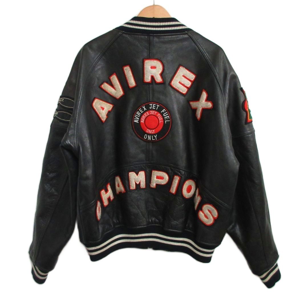 アヴィレックス AVIREX 80s-90s ヴィンテージ オールレザー バーシティジャケット スタジャン ワッペン 中綿 キルティング 黒 ブラック サイズ L