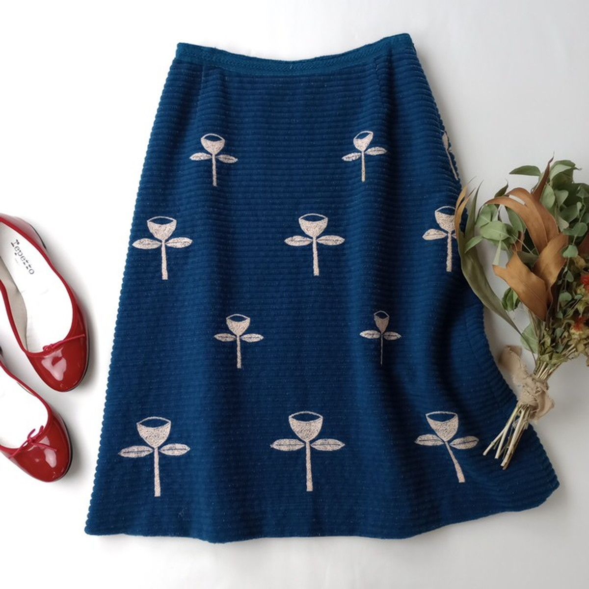 mina perhonen ミナペルホネン angel スカート ウール 毛 100% 刺繍 ブルー 青 93Y 7500 25F