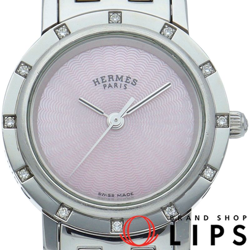 エルメス クリッパーナクレ レディース時計 12Pダイヤベゼル シェル CL4.230 箱 保証書 SS レディース時計 ピンクシ