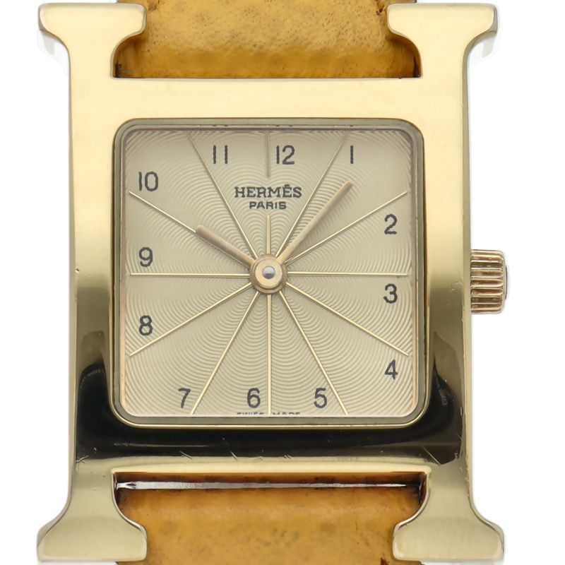 エルメス Hウォッチ レディース時計 HH1.201 箱 保証書 GP 革 レディース時計 シャンパン 仕上げ済
