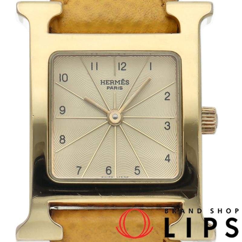 エルメス Hウォッチ レディース時計 HH1.201 箱 保証書 GP 革 レディース時計 シャンパン 仕上げ済