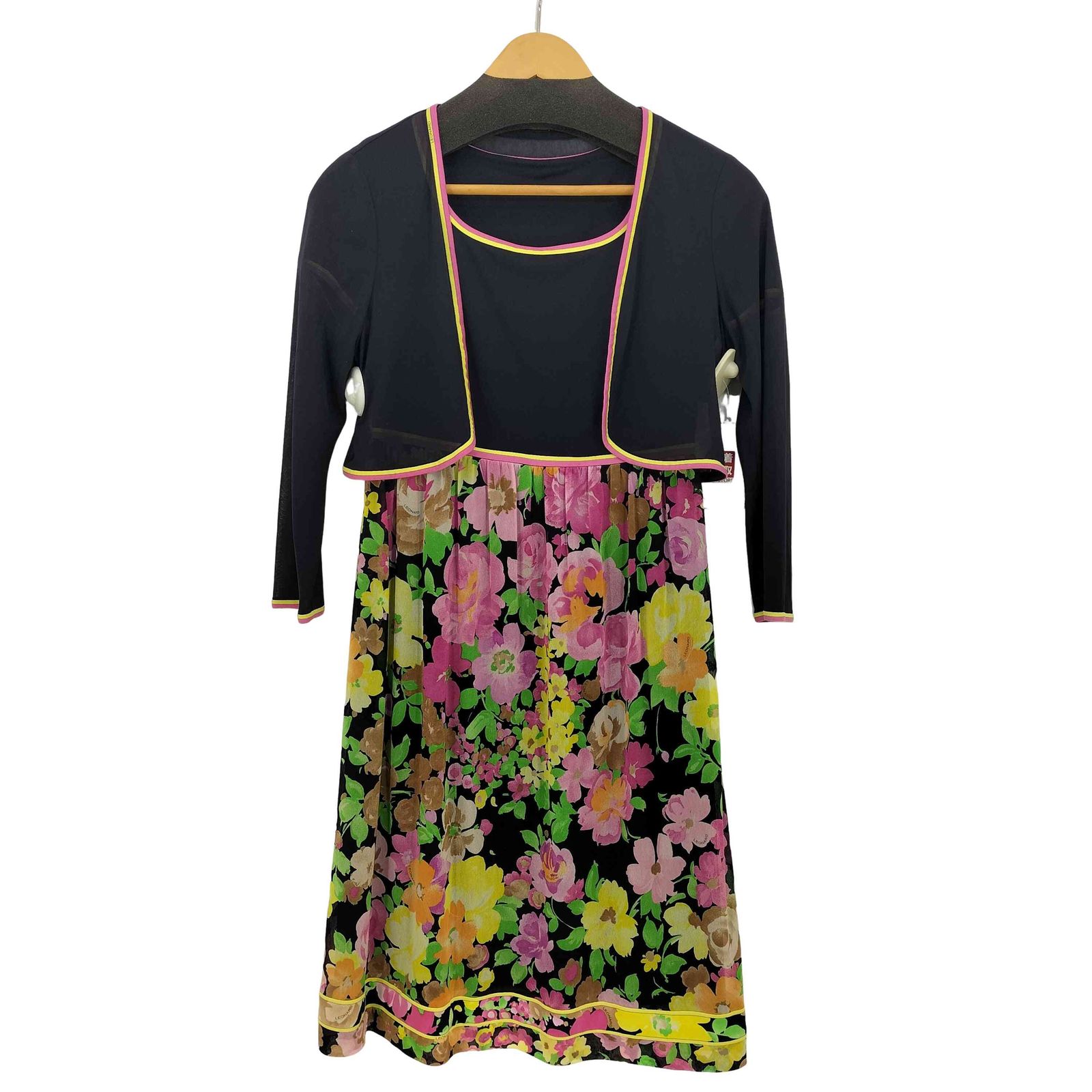 レオナール LEONARD 7分袖ボレロ付 フラワープリント切替半袖ワンピース レディース FR 36