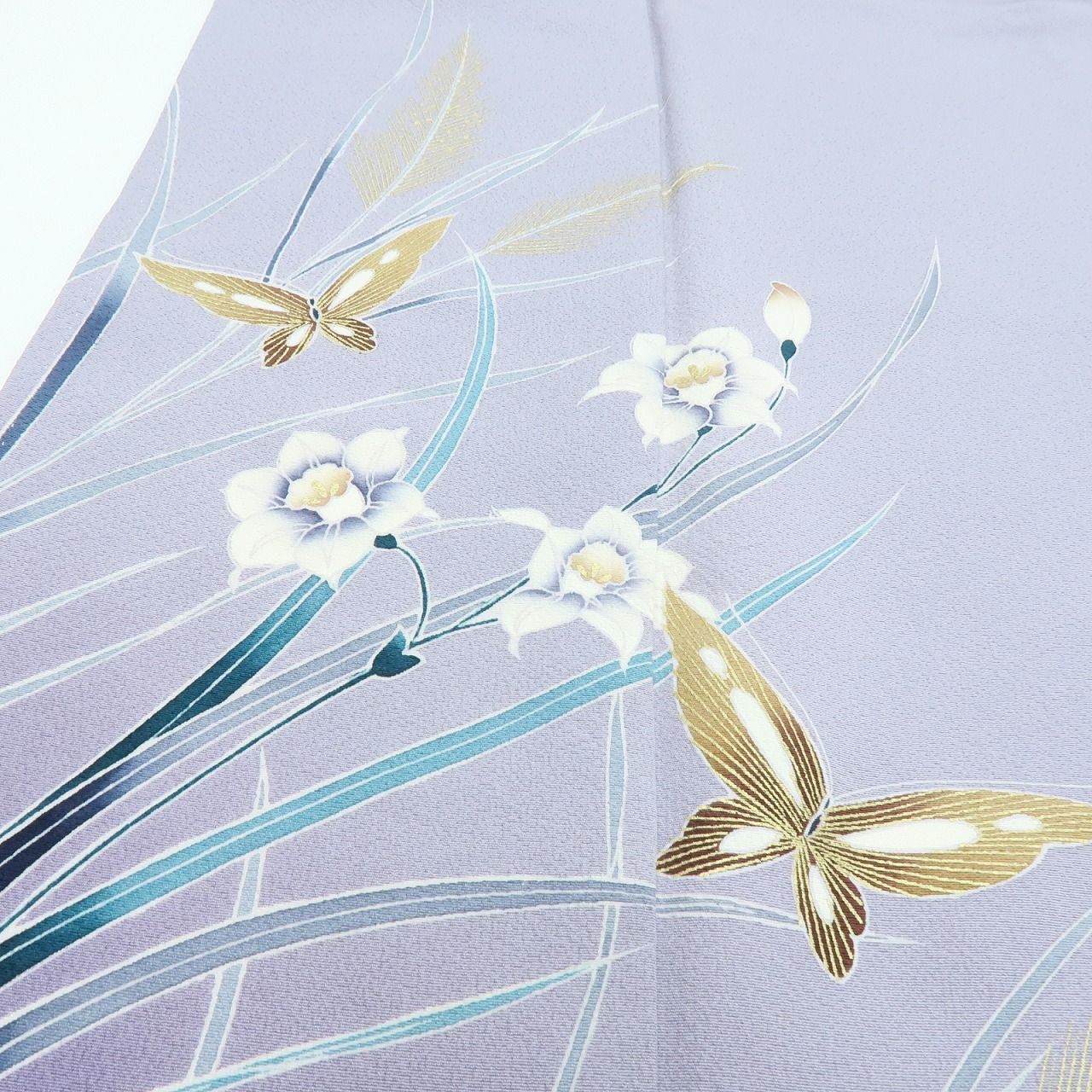 百華❀Y3988◇美品未着用 正絹 仕付け糸付 手縫い仕立て 水仙 蝶 訪問