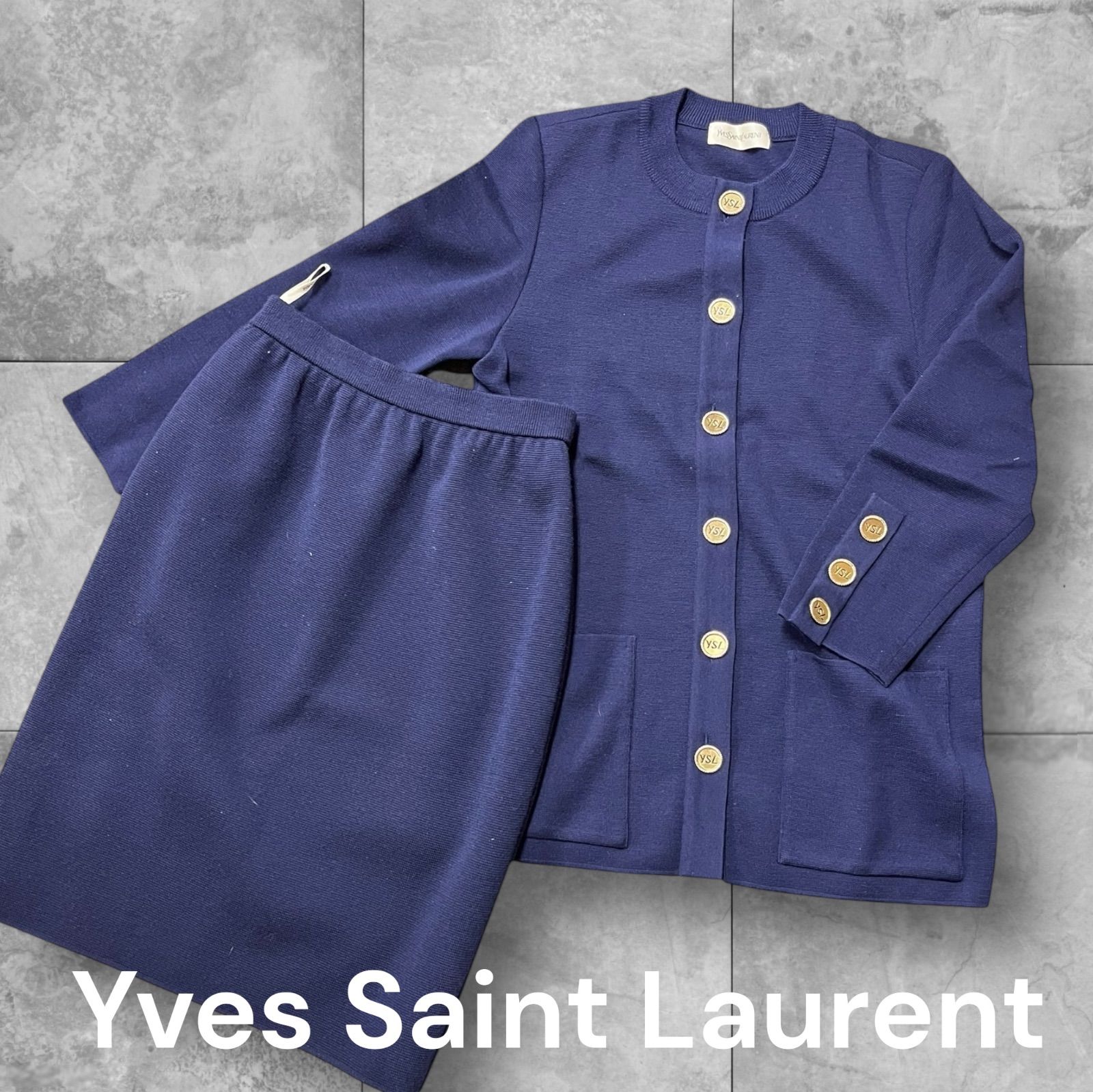 Yves Saint Laurent イヴ サンローラン セットアップ ネイビー ロゴボタン レディース 紺 ヴィンテージ ファッション