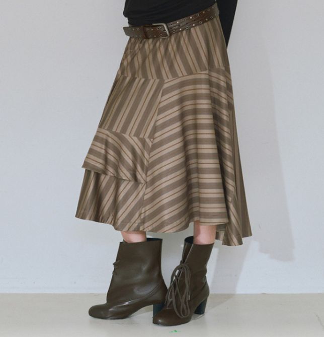 MILLOウィメンズ アシンメトリック ストライプ ミディ スカート - カーキブラウン