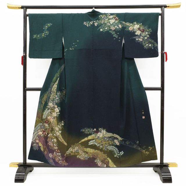 訪問着 着物 フォーマル 正絹 リサイクル 袷 吉野一廉 作家物 深緑 ダークグリーン系 ぼかし 辻が花 絞り 草花 古典柄 辻が花絞り 春 秋 冬 仕立て上がり 身丈156 裄丈66.5 Ｍサイズ みやがわ sb 16623