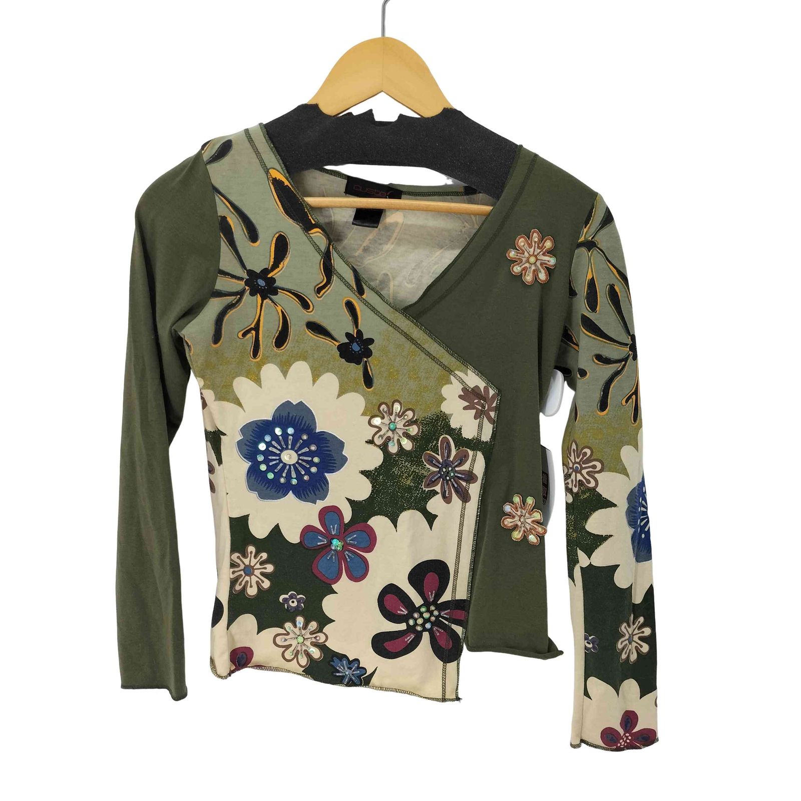 ユーズドフルギ 古着 CUSTOC 花 フラワー Vネック カットソー スパンコール レディース 表記無