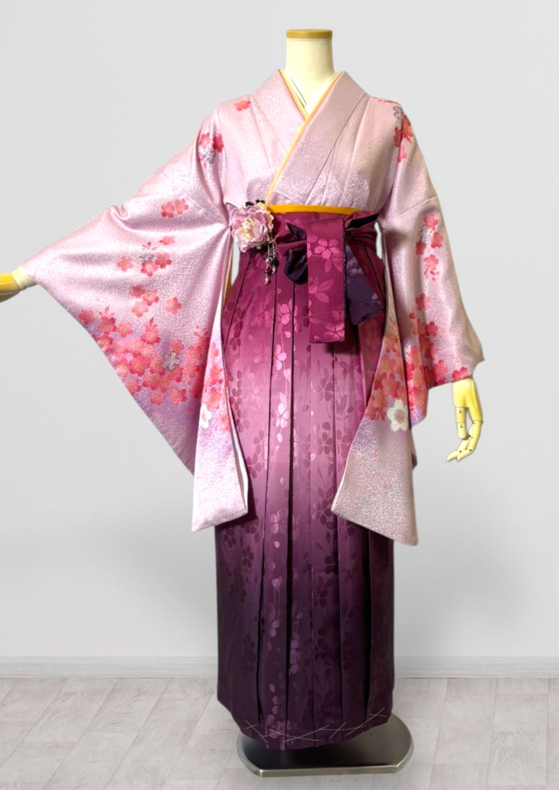 着物 袴 帯 3点セット 卒業式 に レディース袴セット 成人式 卒業式に 華やか和装 ピンク エンジ 桜 桜柄 地紋 95 42