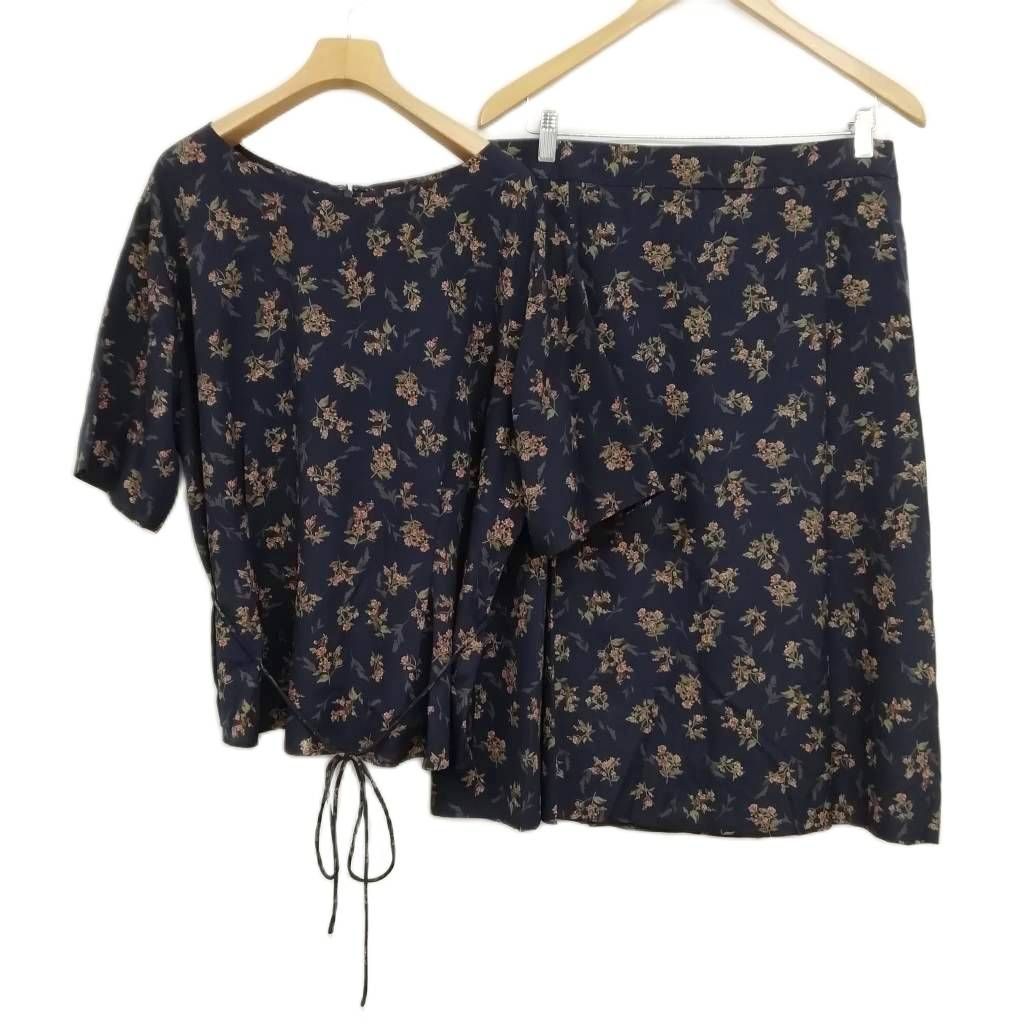 キース KEITH 花柄 セットアップ スーツ ブラウス フ スカート 48 大きいサイズ ネイビー