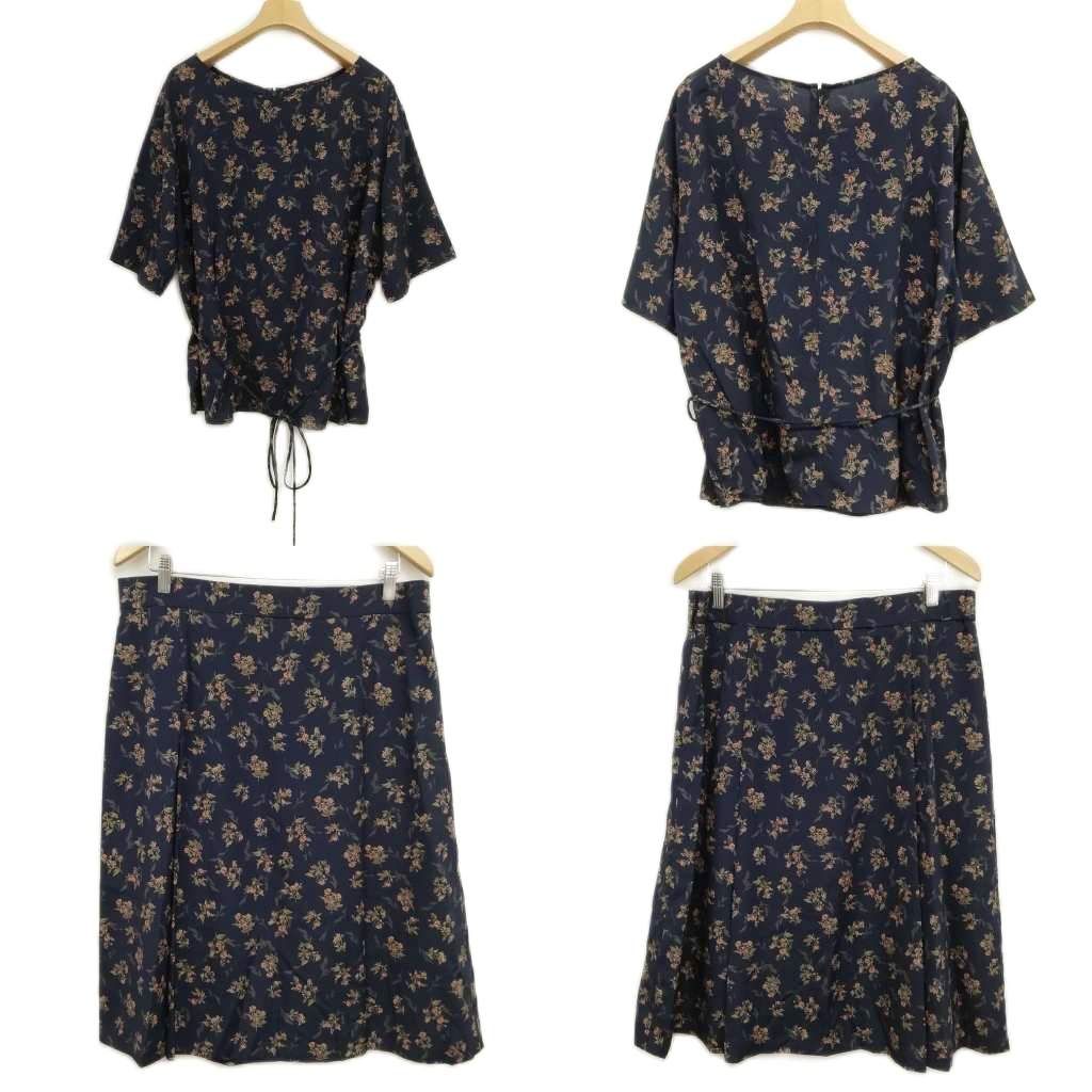 キース KEITH 花柄 セットアップ スーツ ブラウス フ スカート 48 大きいサイズ ネイビー