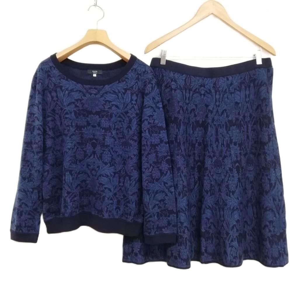 キース KEITH British Style ボタニカル ニット セットアップ セーター スカート 46 大きいサイズ ネイビー