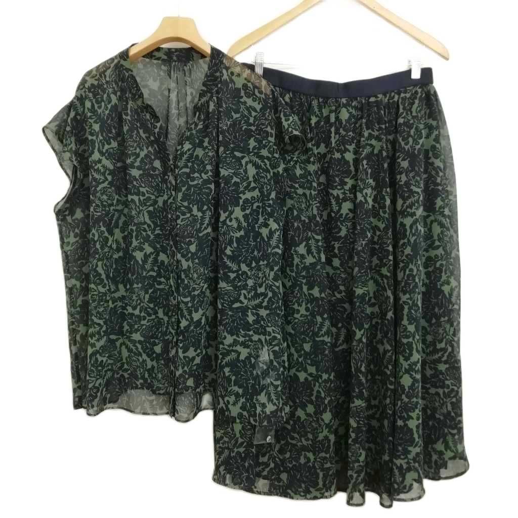 23区 オンワード樫山 23SS ボタニカルプリント セットアップ スーツ フ スカート ブラウス 48 大きいサイズ グリーン ネイビー