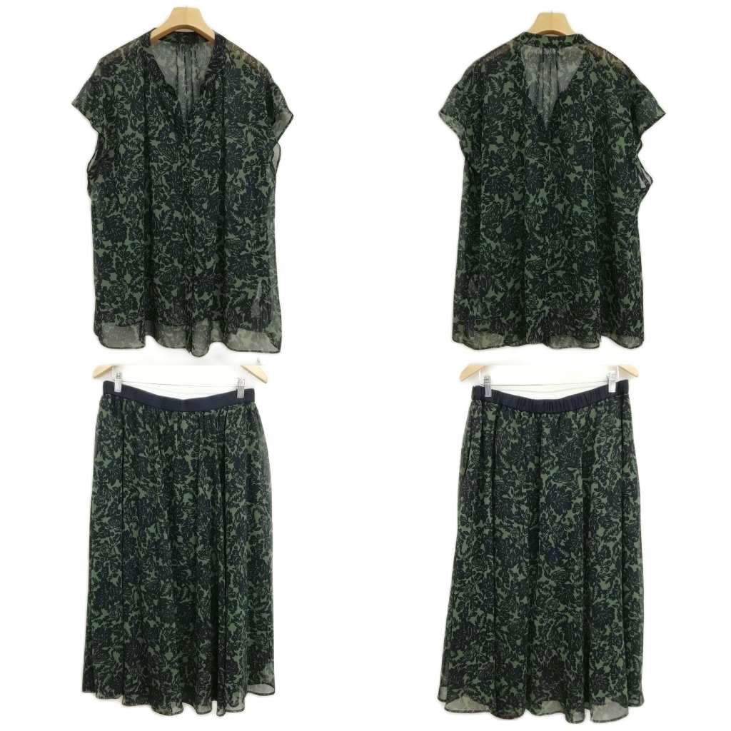23区 オンワード樫山 23SS ボタニカルプリント セットアップ スーツ フ スカート ブラウス 48 大きいサイズ グリーン ネイビー