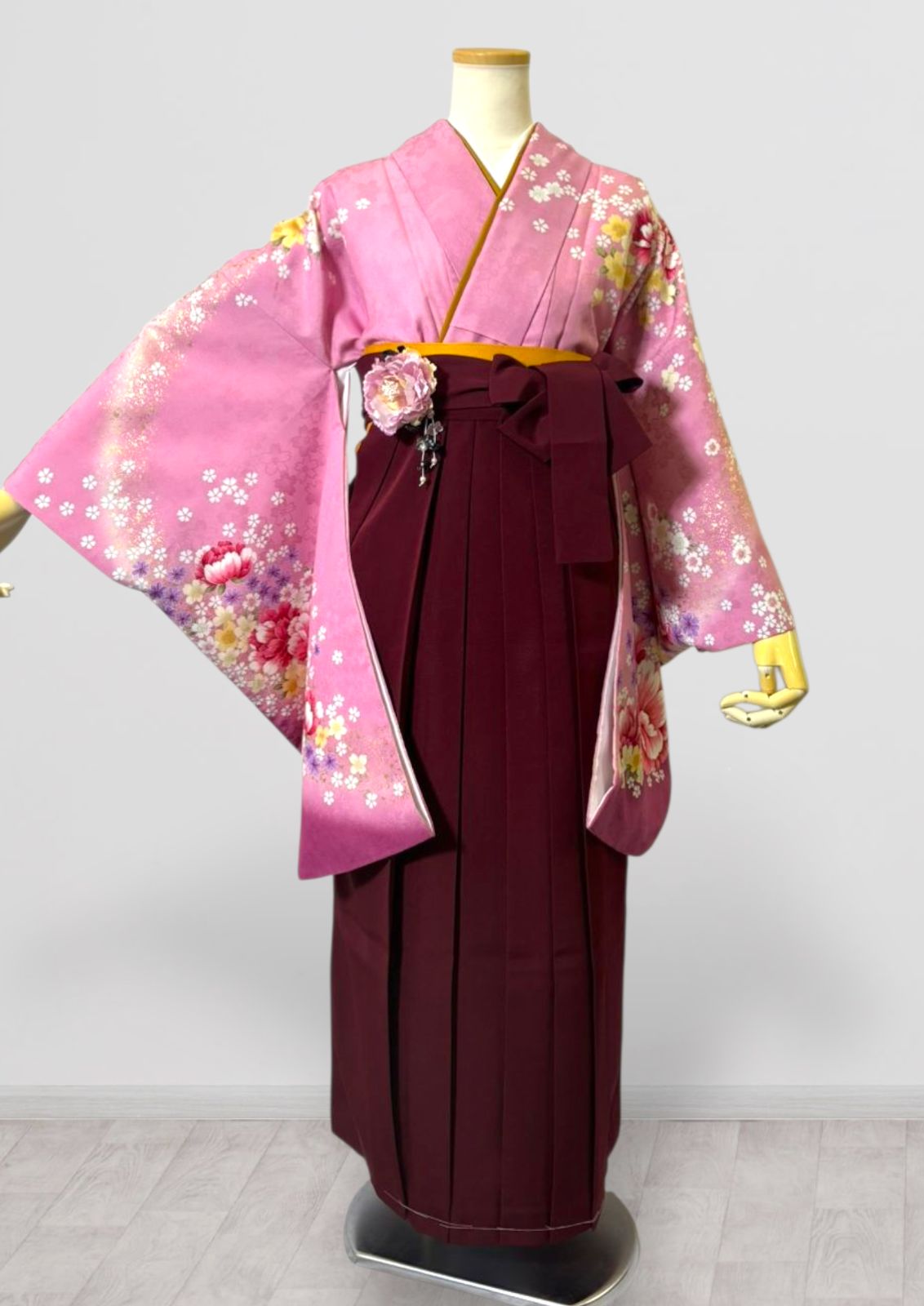 着物 袴 帯 3点セット 卒業式 に レディース袴セット 成人式 卒業式に 華やか和装 ピンク エンジ 花柄 桜 菊 地紋 95 43