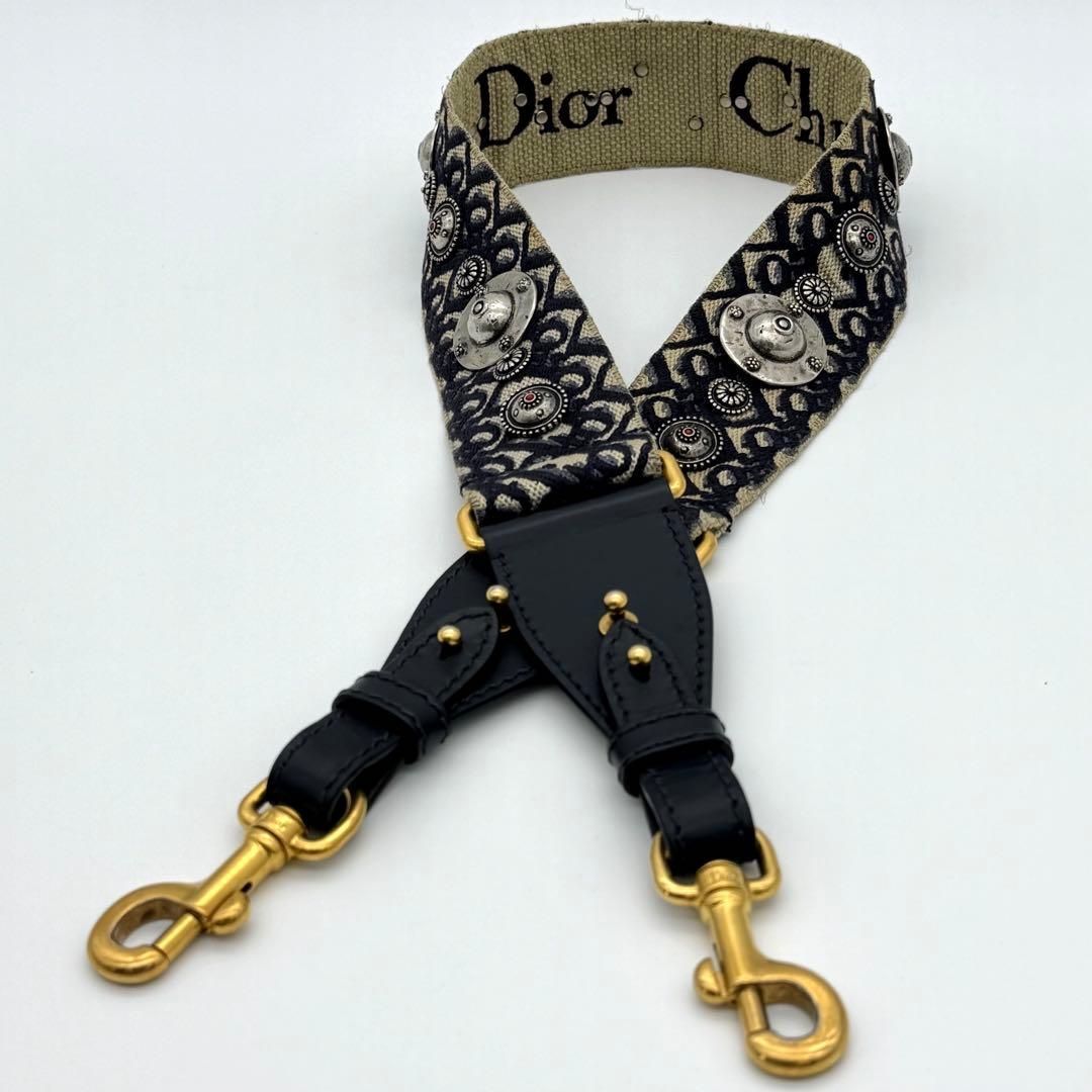 クリスチャン ディオール ショルダーストラップ Christian Dior ロゴ メダリオン 刺繍 キャンバス ネイビー 紺