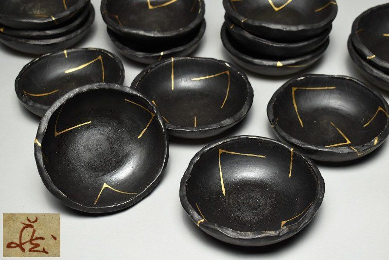 蔵A 017 九谷 古川章蔵 黒釉金線 向付 小鉢 十五客