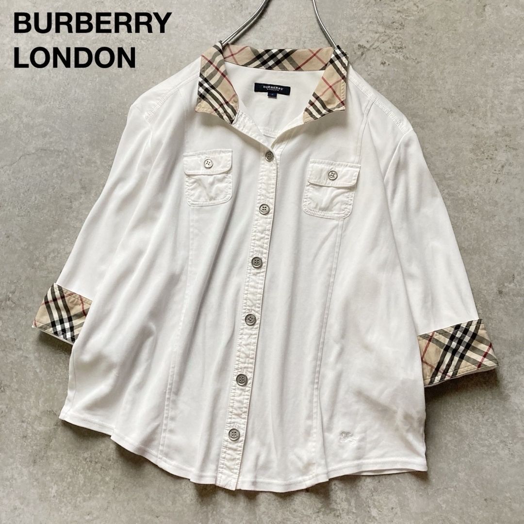 バーバリーロンドン 七部袖シャツジャケット ストレッチ ノバチェック 大きいサイズ5 LL〜3L相当 白 ホワイト 三陽商会 BURBERRY LONDON