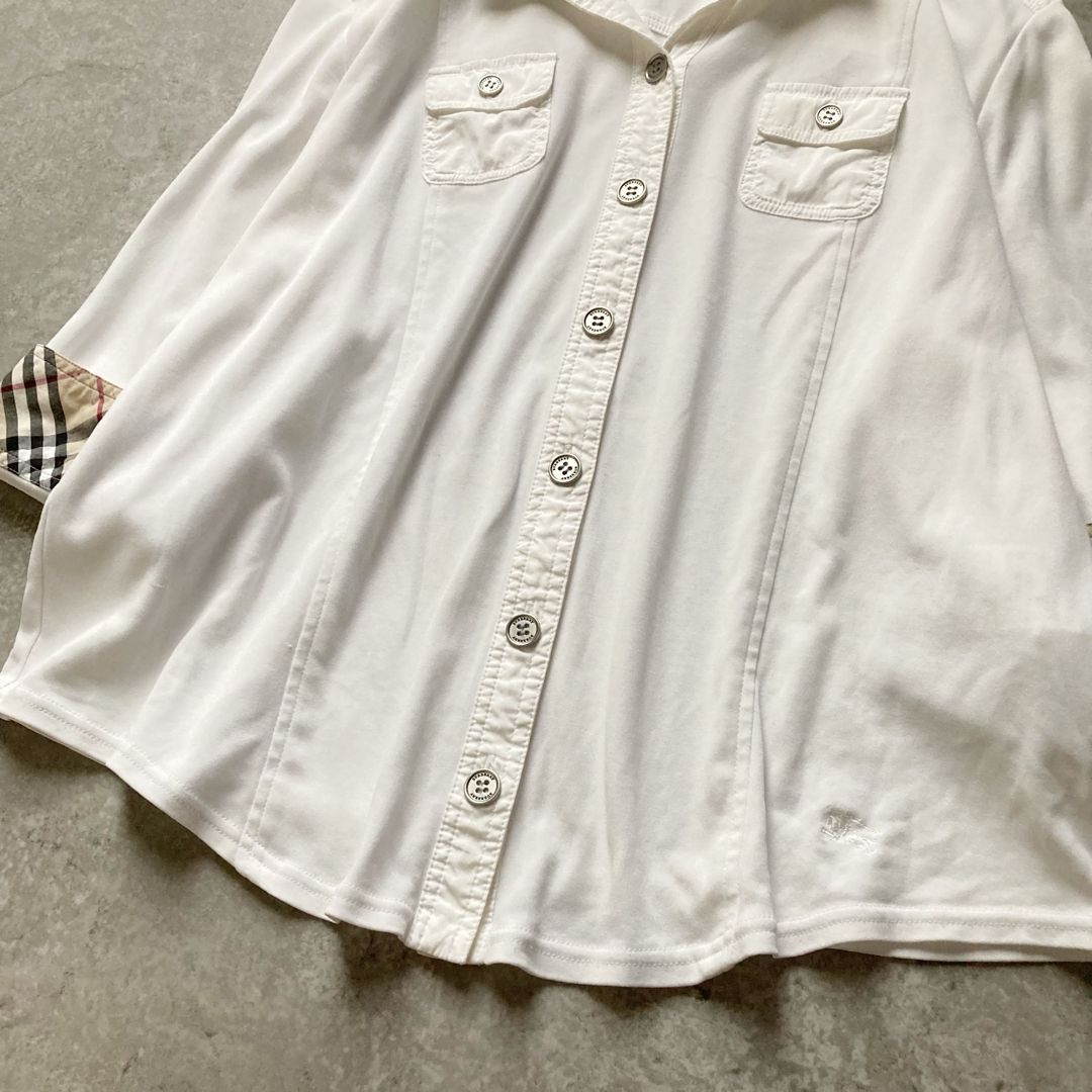  バーバリーロンドン 七部袖シャツジャケット ストレッチ ノバチェック 大きいサイズ5 LL〜3 L相当 白 ホワイト 三陽商会 BURBERRY LONDON 五分袖 七分袖 シャツ ブラウス