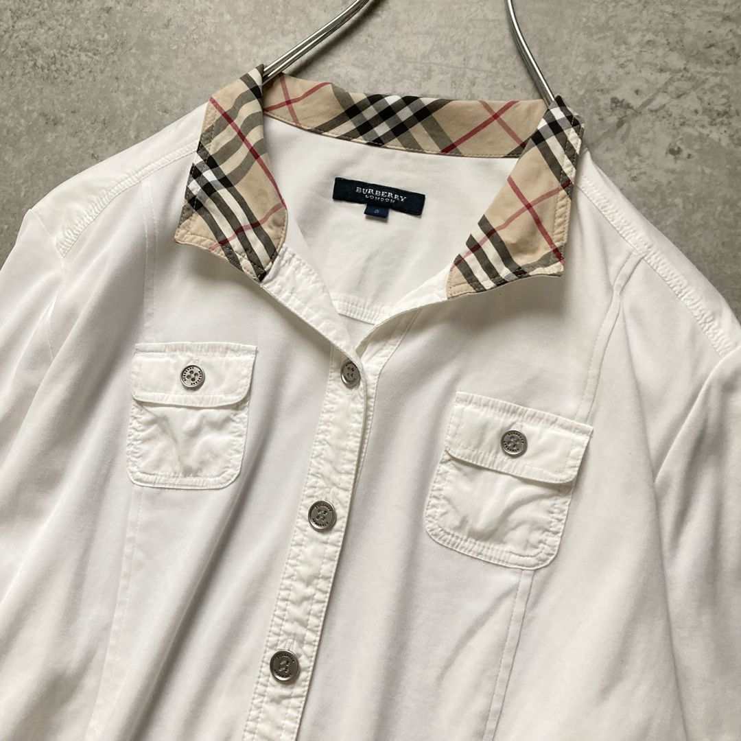 バーバリーロンドン 七部袖シャツジャケット ストレッチ ノバチェック 大きいサイズ5 LL〜3L相当 白 ホワイト 三陽商会 BURBERRY LONDON