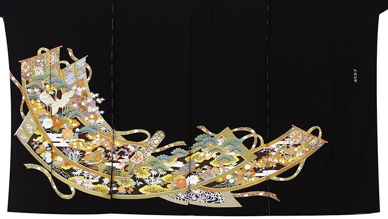 玲宝四季花鶴几帳熨斗図 多種総手刺繍