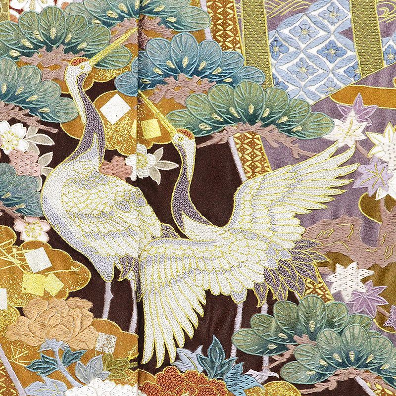 玲宝四季花鶴几帳熨斗図 多種総手刺繍