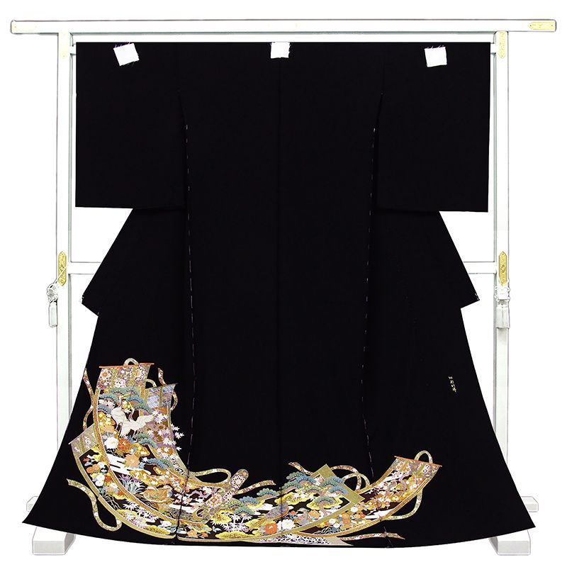 記念感謝祭 仕立無料 工芸美術総手刺繍特撰黒留袖 玲宝四季花鶴几帳熨斗図 多種総手刺繍