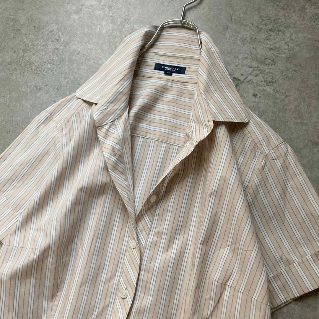 バーバリーロンドン コットンストライプシャツ 半袖 ハーフスリーブ ロゴ刺繍 ホース 大きいサイズ48 三陽商会 BURBERRY LONDON