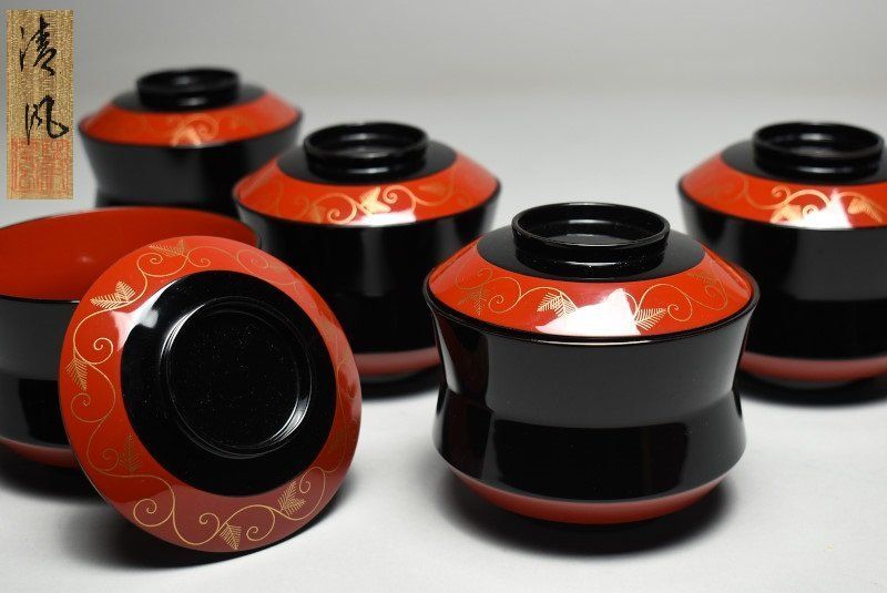 蔵A4699c 輪島塗 唐草蒔絵 吸物椀 汁椀 五客 共箱 清風