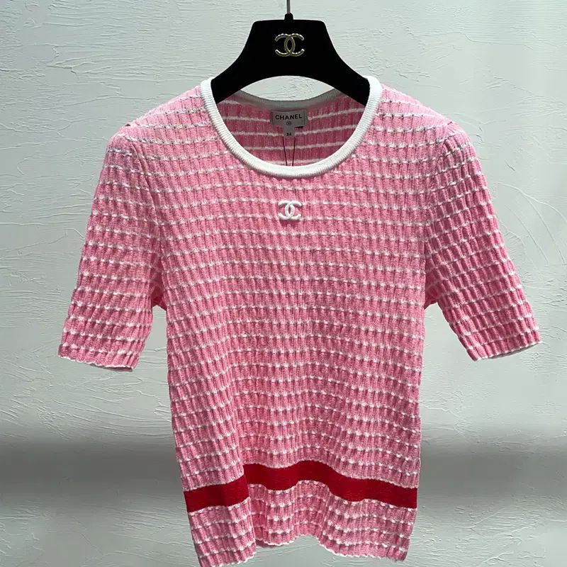 CHANEL トップス コットン 白 ピンク ストライプ ロゴ Tシャツ