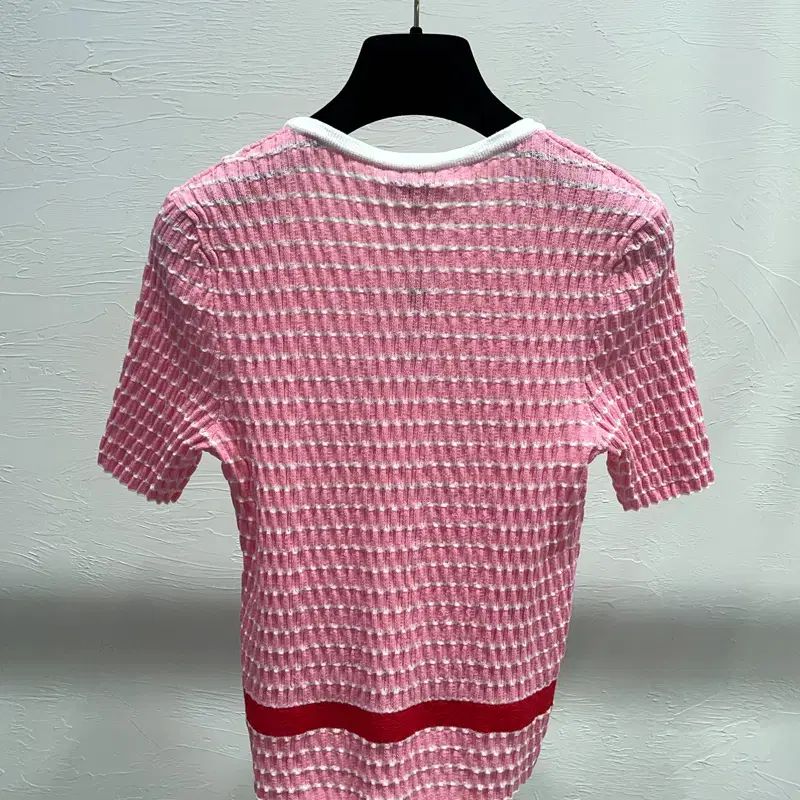 CHANEL トップス コットン 白 ピンク ストライプ ロゴ Tシャツ