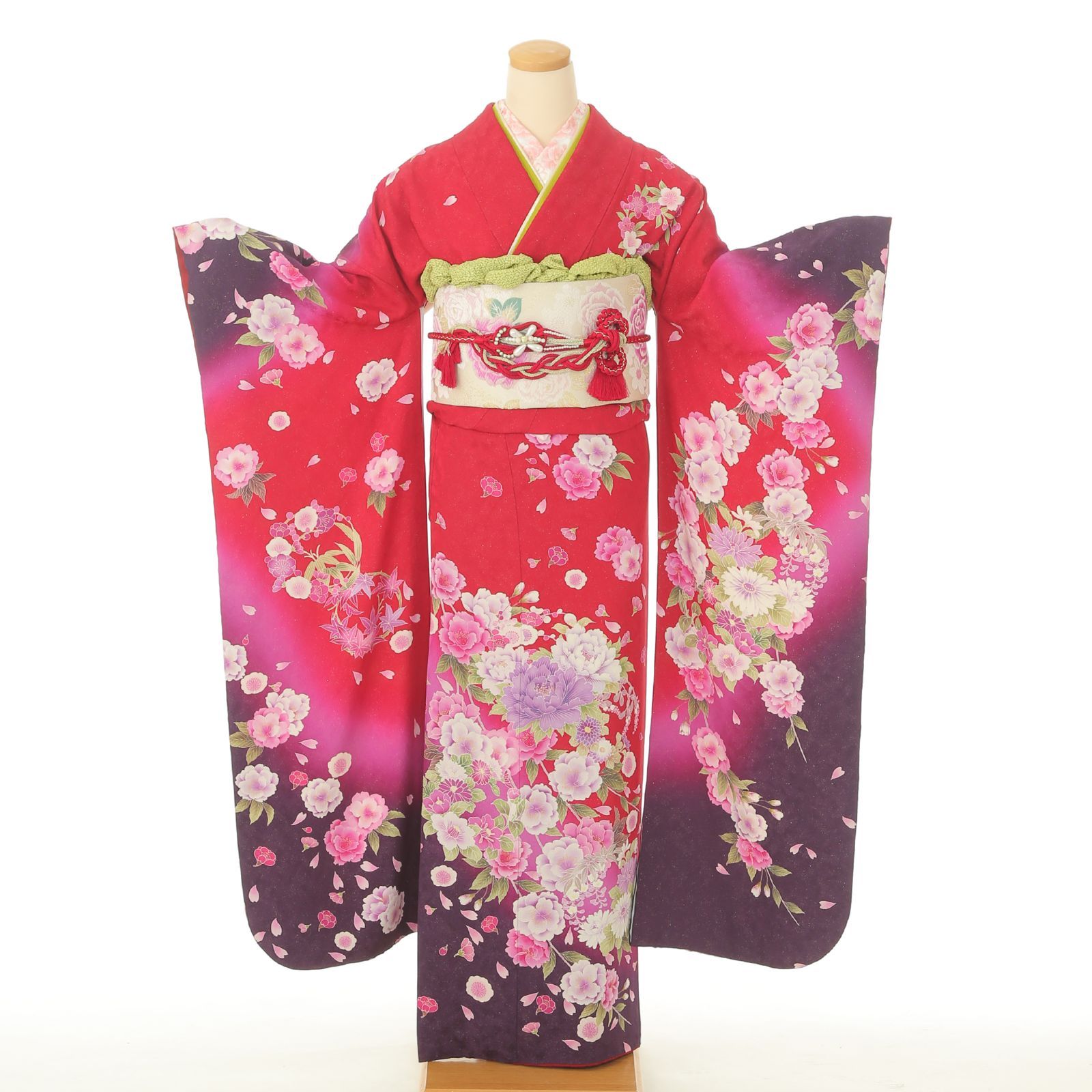 振袖セット 赤紫 振袖 薔薇 ７点セット M～Lサイズ 白帯 柄