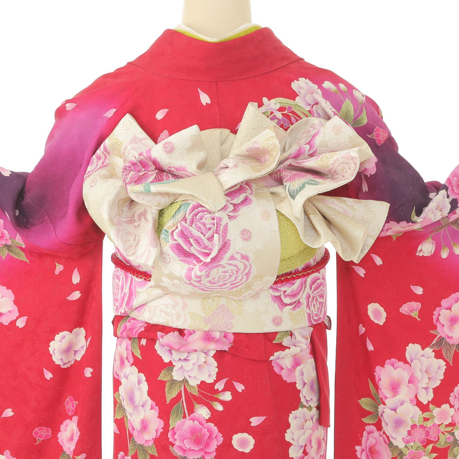  振袖セット 赤紫 振袖 薔薇 ７点セット M～Lサイズ 白帯 柄 振袖 着物