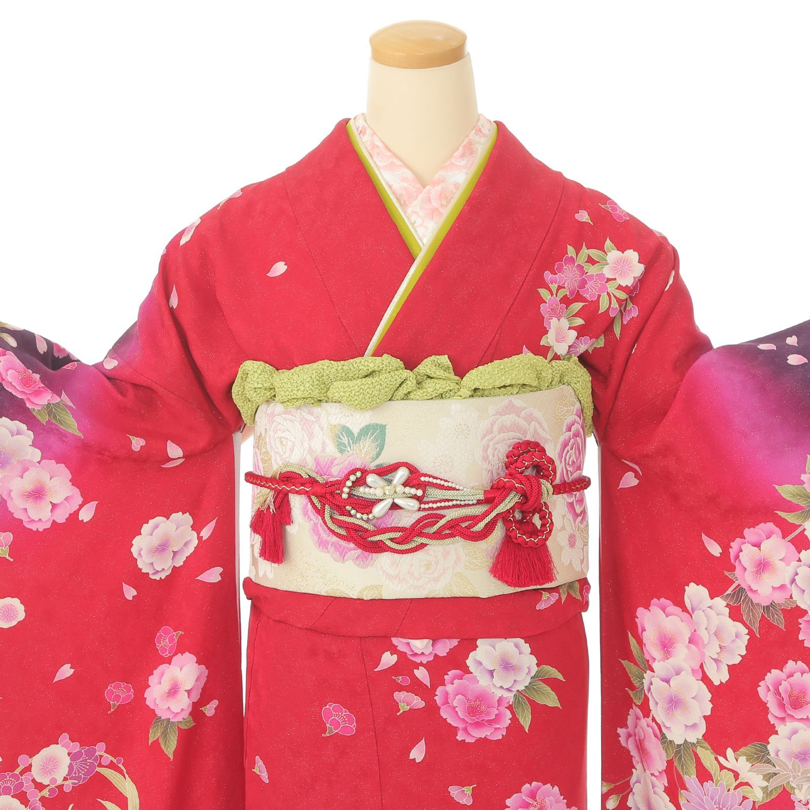 振袖セット 赤紫 振袖 薔薇 ７点セット M～Lサイズ 白帯 柄