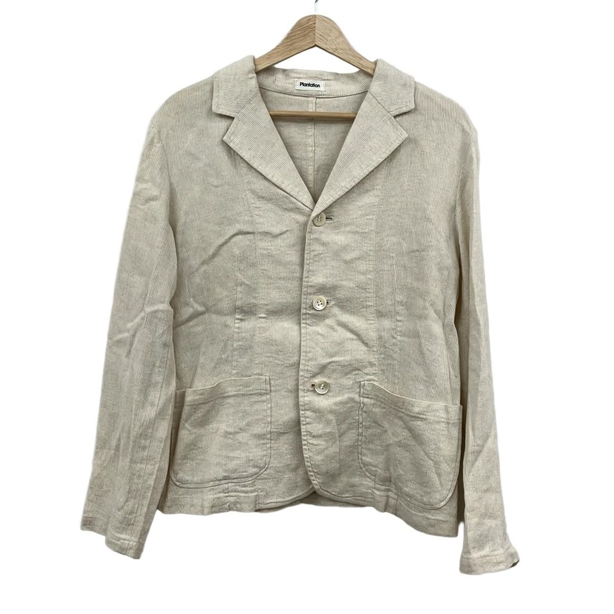 Plantation(プランテーション) ジャケット サイズM レディース美品 - アイボリー×グレーベージュ 長袖/ストライプ/春/秋