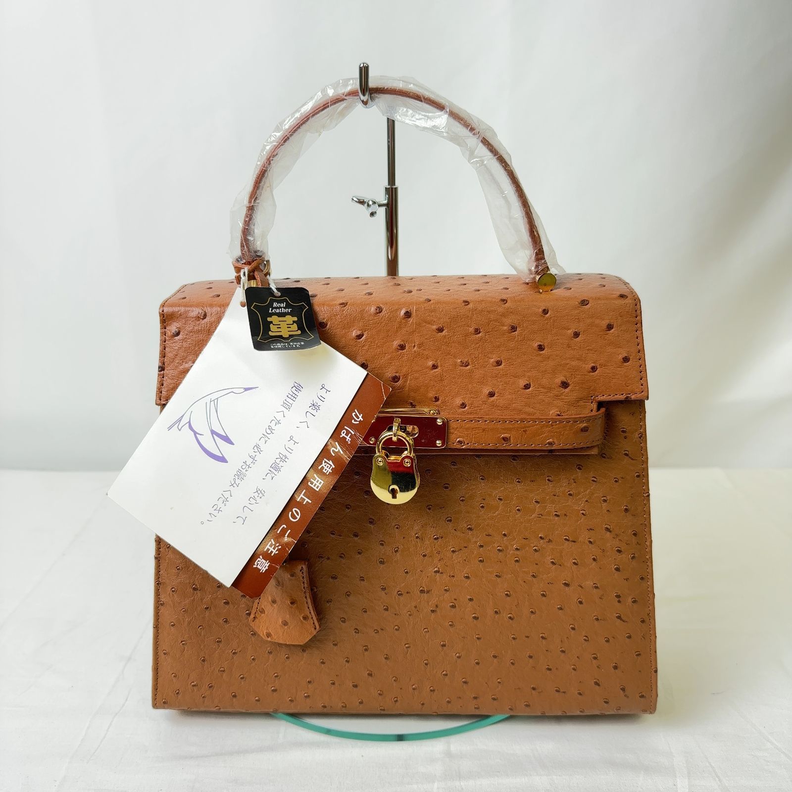 KM188-50-10 本物保証 オーストリッチ ハンドバッグ レディース ブラウン ファッション ブランド バッグ 南京錠 レザー 革