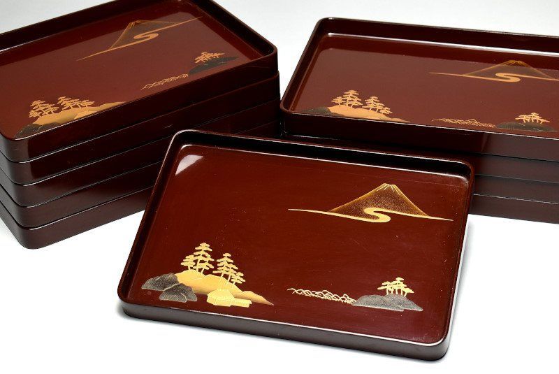 蔵A 4299 b 輪島塗 蒔絵風景図 脇引盆 脇取盆 膳 十客